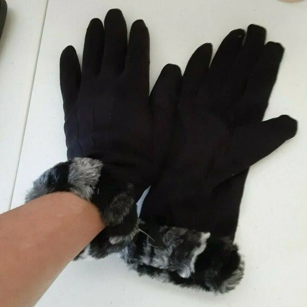 Vintage XS Women's Faux Fur Trim Gloves Winter Warm Black Gray Animal Print New